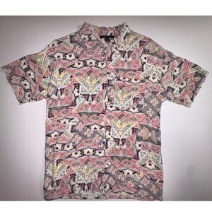 Forever 21 Geometric Print Button  Up Short Sleeve Shirt White Pink Green Mens M